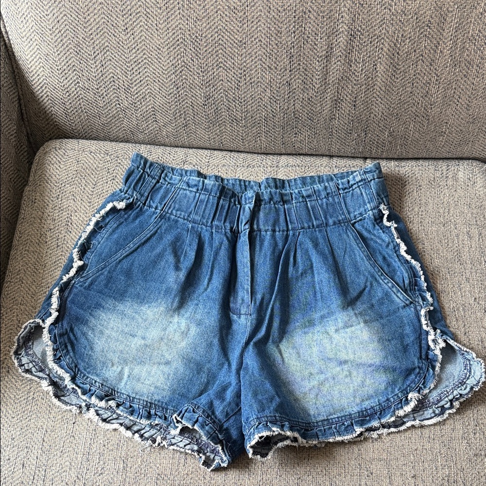 GeeGee Blue Denim Jean Shorts - Casual Ruffle Trim